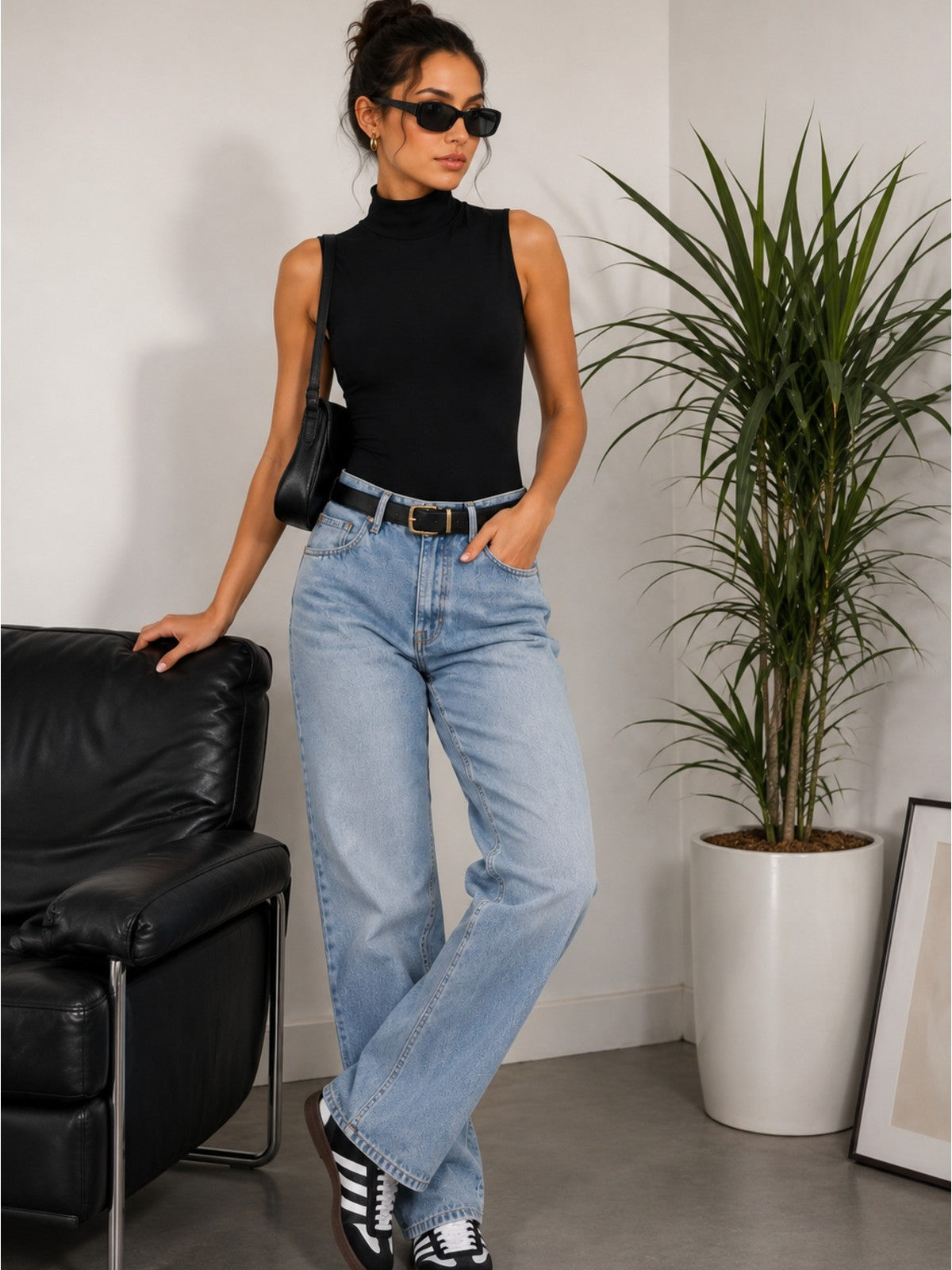 Yarım Balıkçı Yaka Çıtçıtlı Likralı Basic Body - Siyah