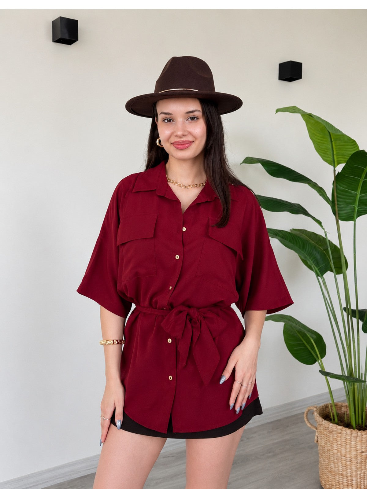 Kuşaklı Oversize Gömlek Elbise Cepli Salaş Kesim - Bordo
