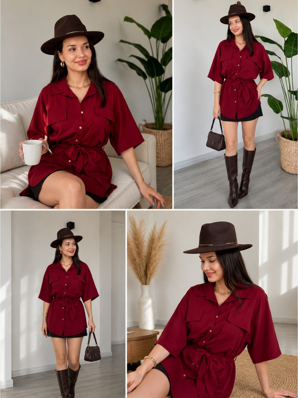 Kuşaklı Oversize Gömlek Elbise Cepli Salaş Kesim - Bordo