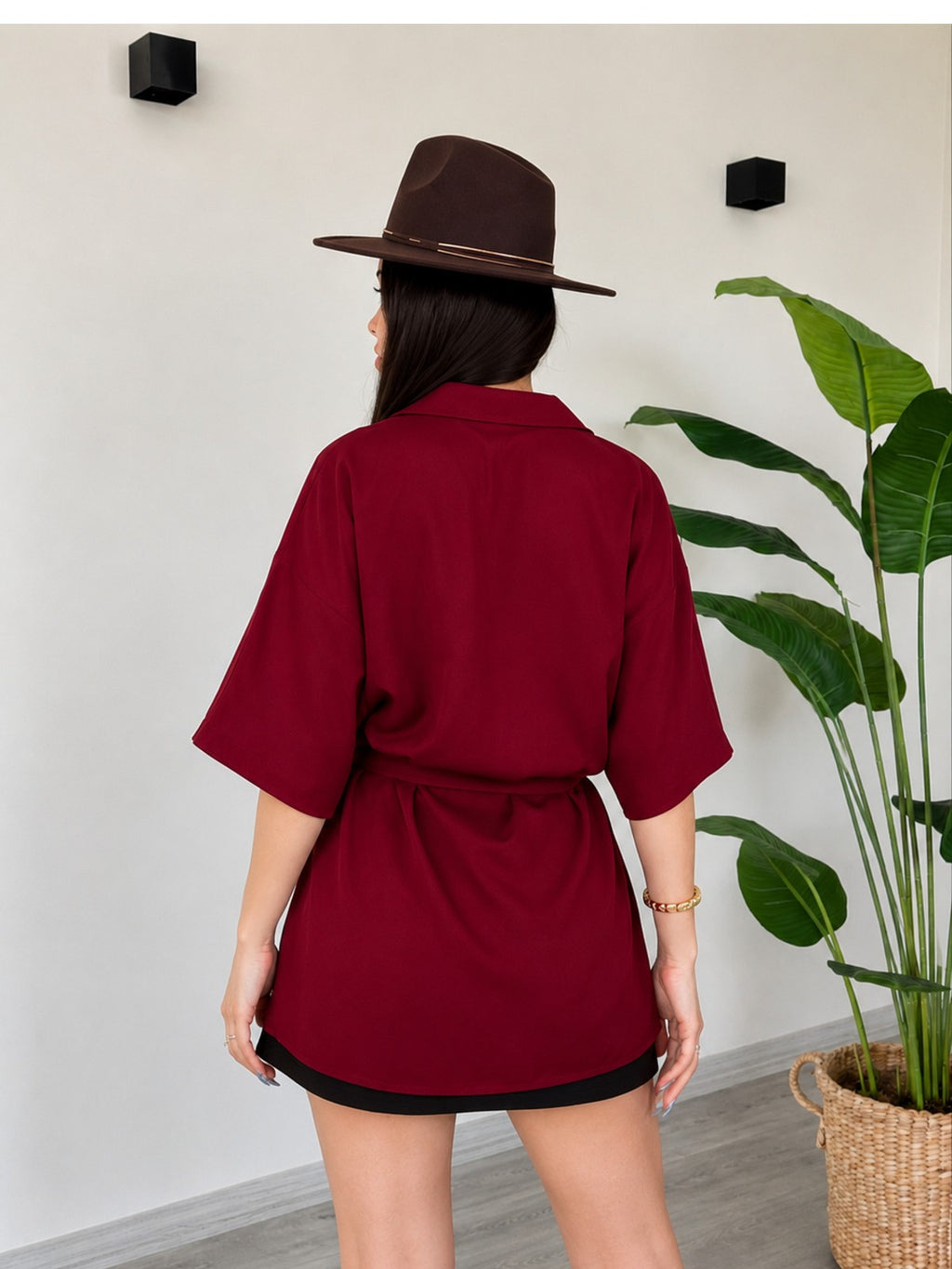 Kuşaklı Oversize Gömlek Elbise Cepli Salaş Kesim - Bordo