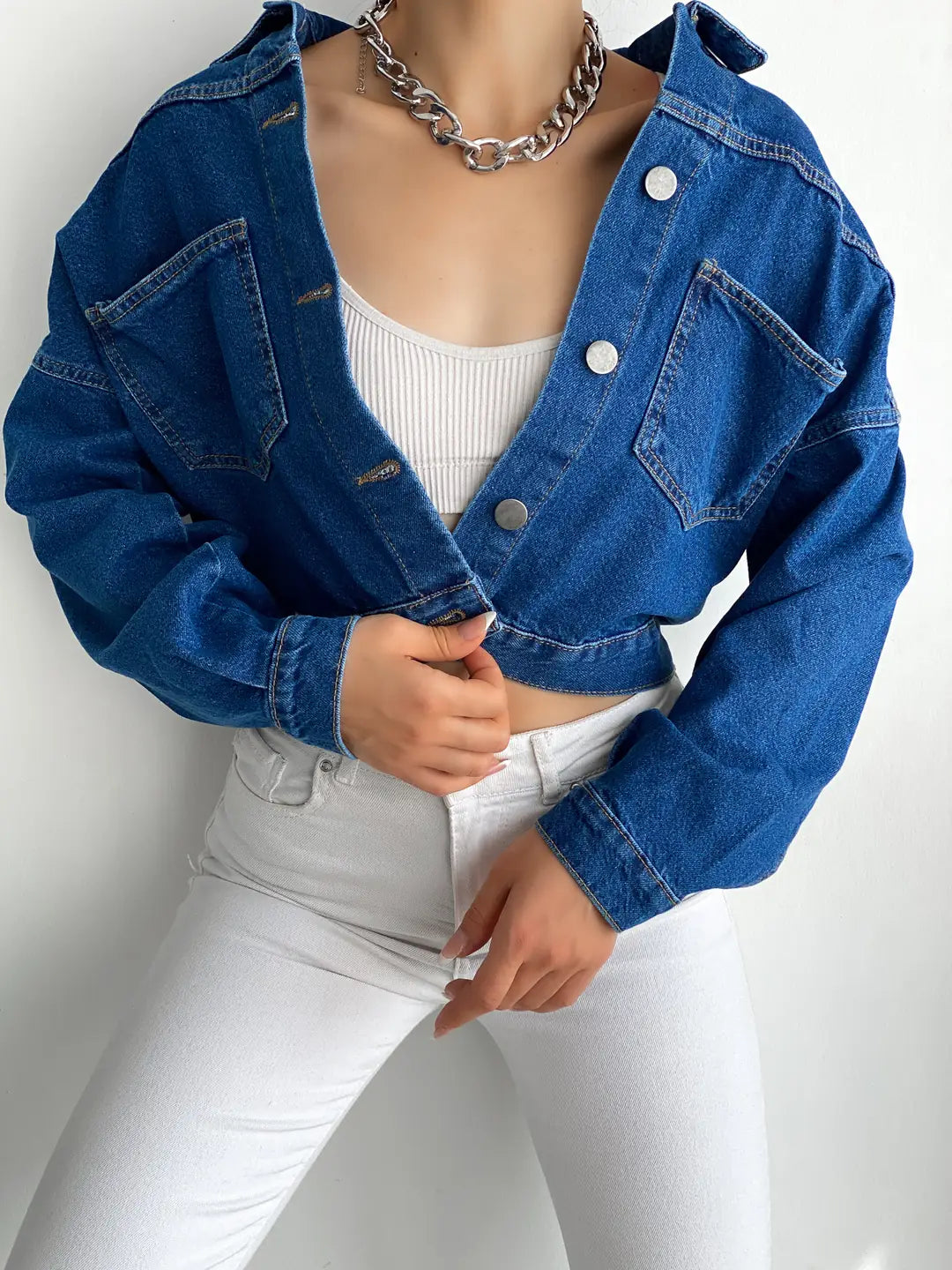 Çift Cepli Denim Crop Ceket - WEST CLUB