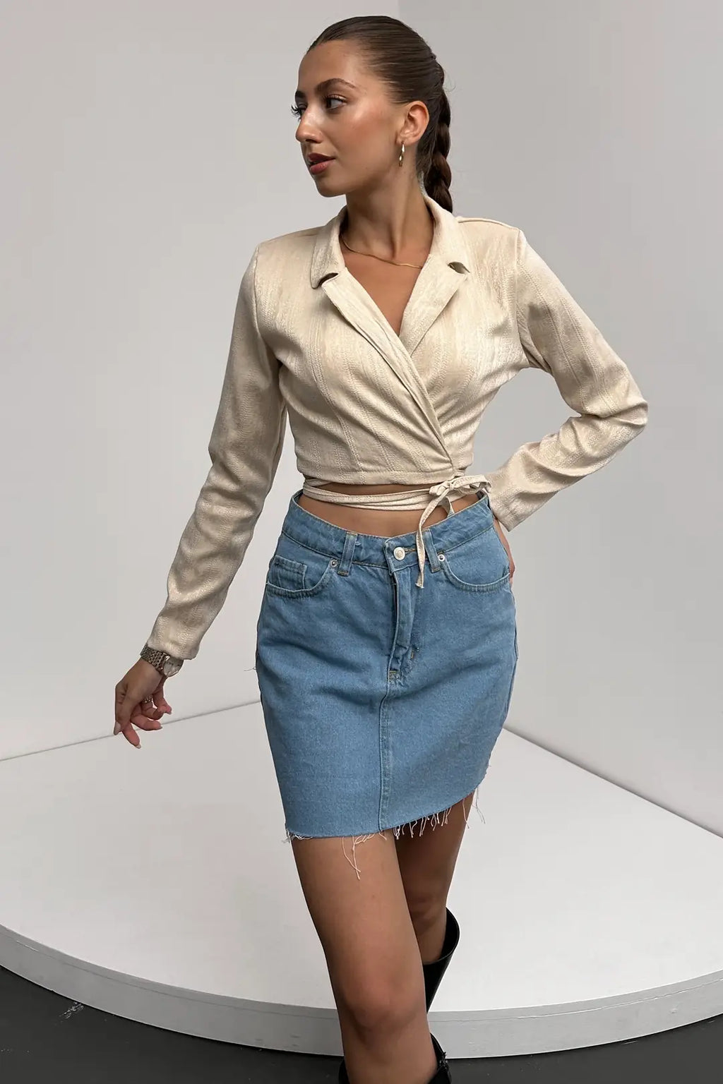 Gömlek Yaka Beli Bağlamalı Crop Bluz - WEST CLUB