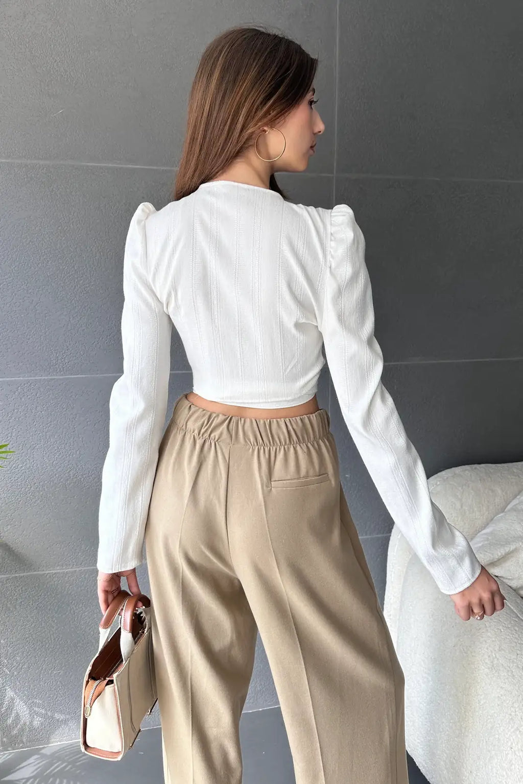 Kruvaze Yaka Beli Kuşaklı Crop Bluz - WEST CLUB