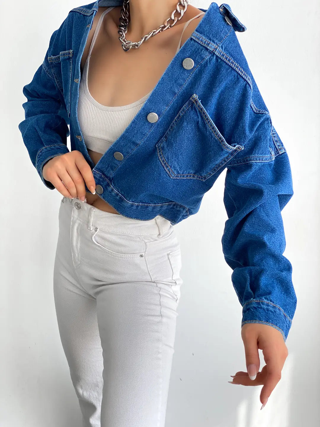 Çift Cepli Denim Crop Ceket - WEST CLUB