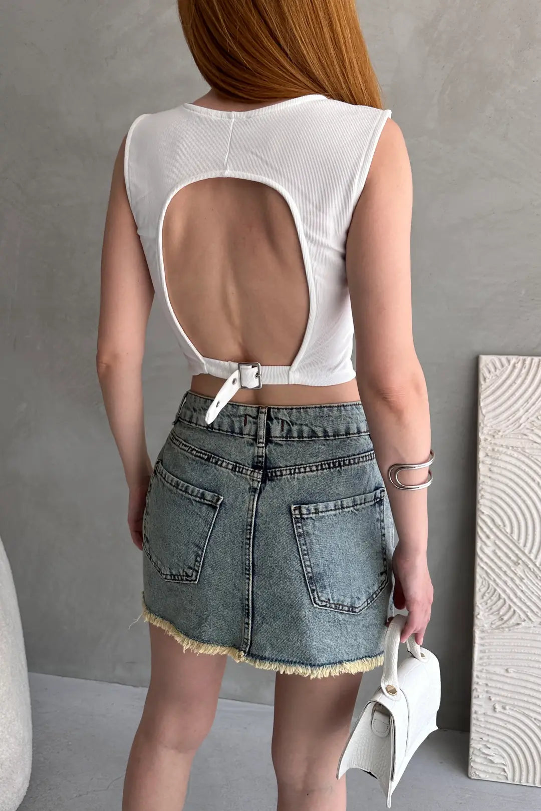 Sırtı Kemer Detaylı Kaşkorse Crop Bluz - WEST CLUB