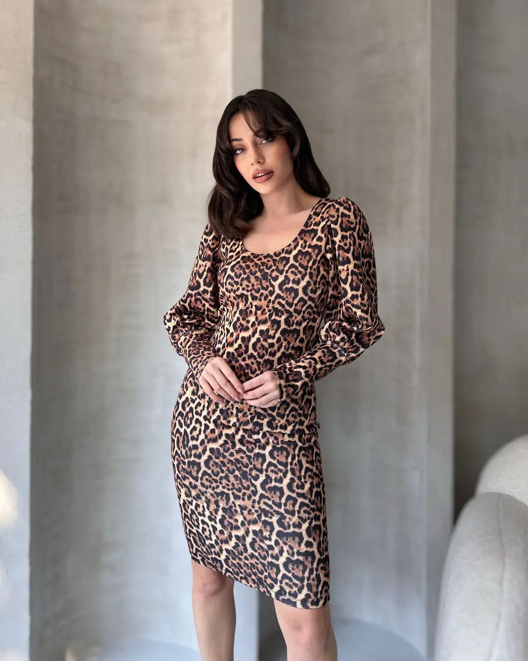 Leopar Desenli Midi Boy Elbise - WEST CLUB