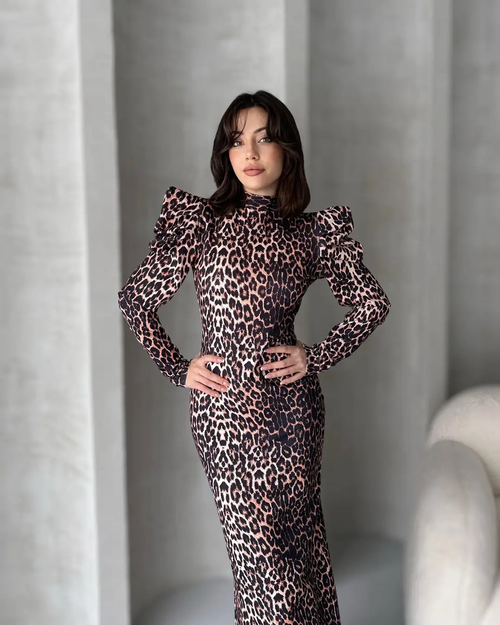 Sırt Dekolteli Leopar Desenli Elbise - WEST CLUB