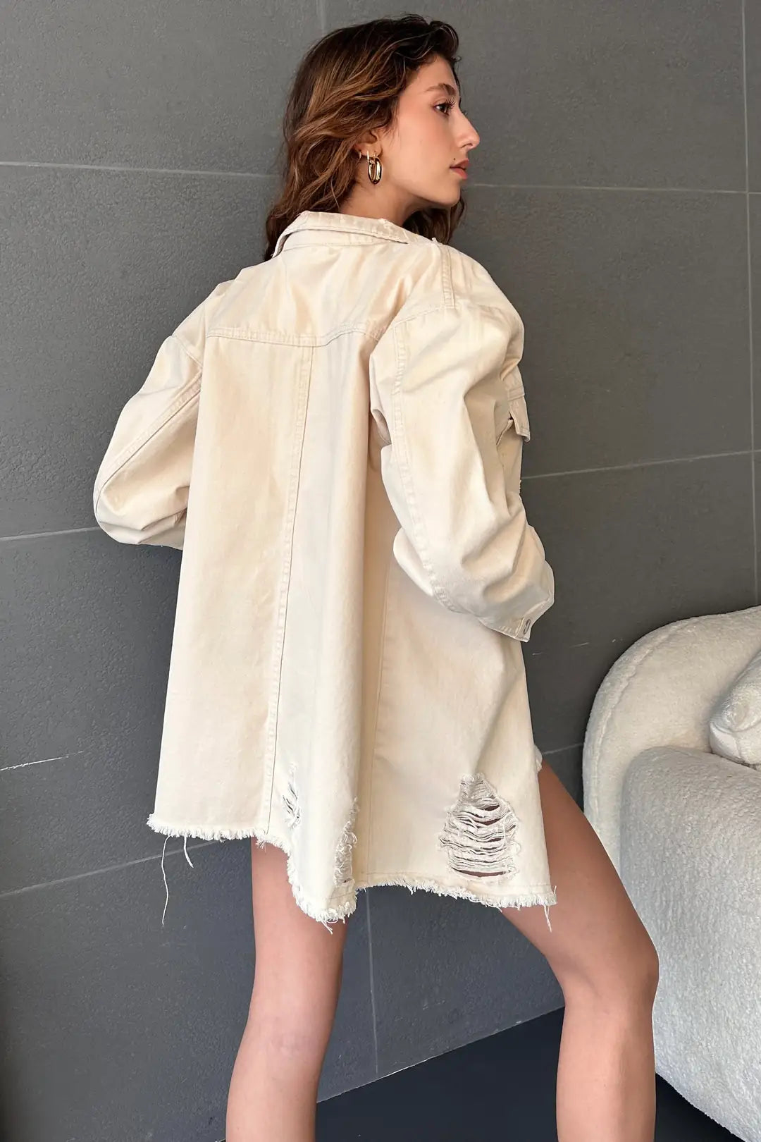 Çift Cepli Yırtık Detaylı Oversize Gömlek Ceket - WEST CLUB