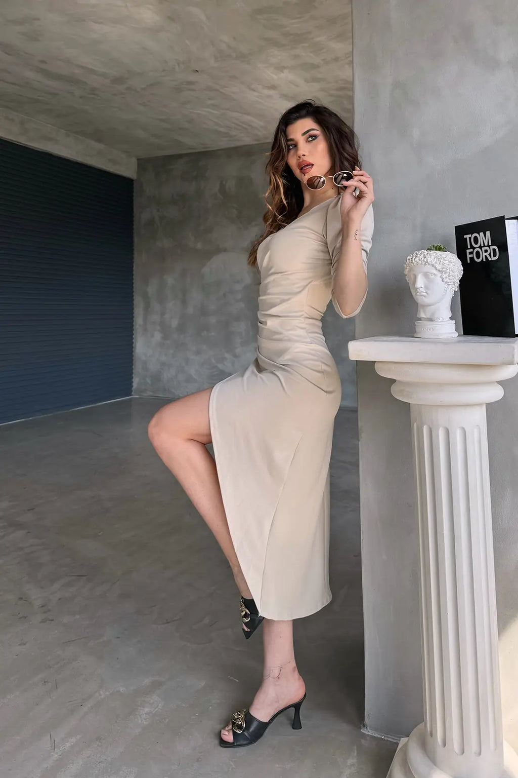 V Yaka Anvelop Etek Midi Boy Dalgıç Elbise - WEST CLUB