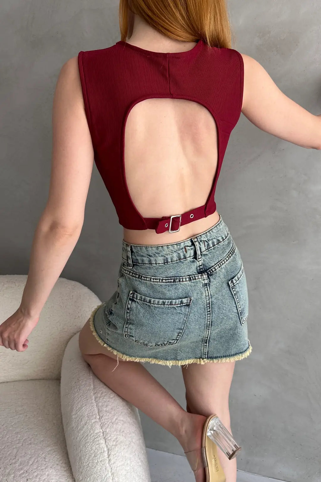 Sırtı Kemer Detaylı Kaşkorse Crop Bluz - WEST CLUB