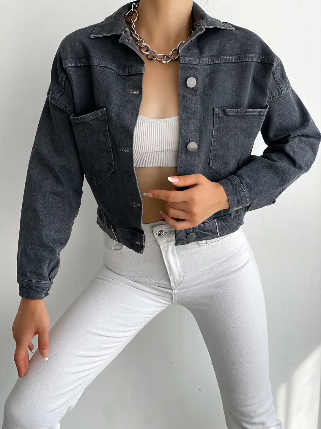 Çift Cepli Denim Crop Ceket - WEST CLUB