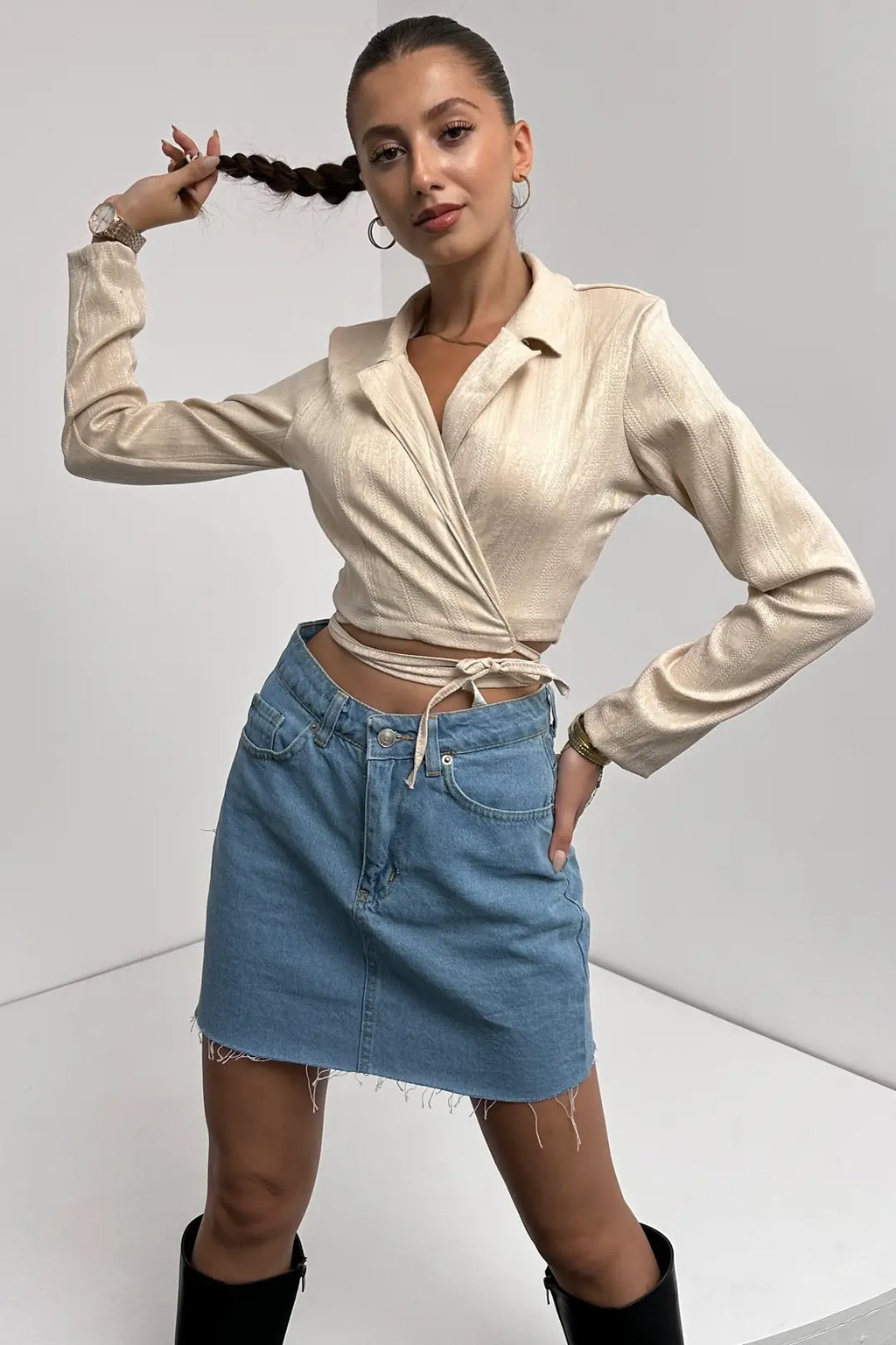 Gömlek Yaka Beli Bağlamalı Crop Bluz - WEST CLUB