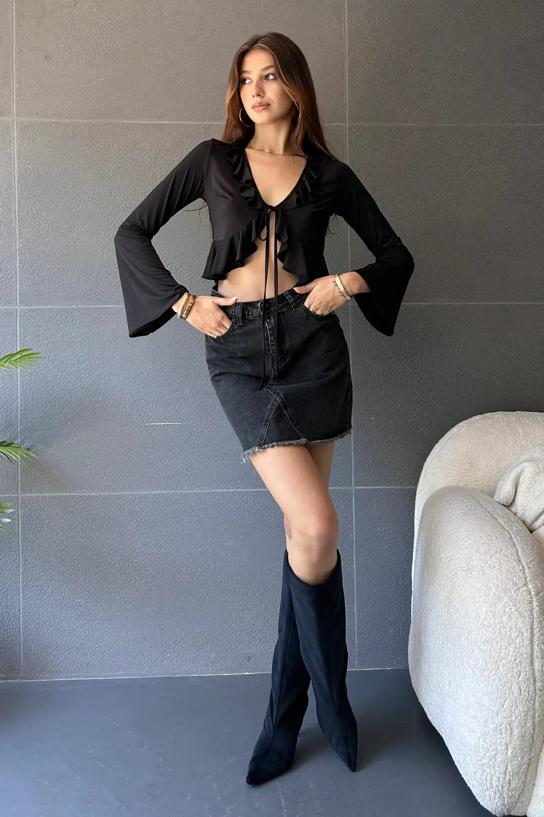 Fırfır Detaylı Önü Bağlamalı Crop Bluz - WEST CLUB