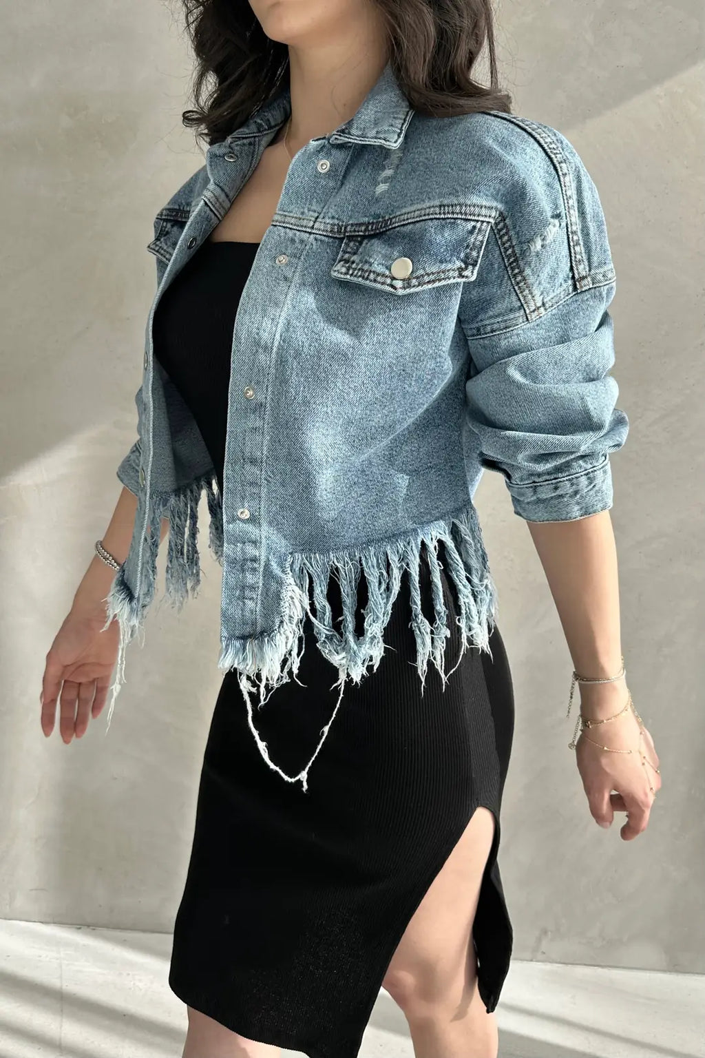 Püskül Detaylı Denim Crop Ceket - WEST CLUB