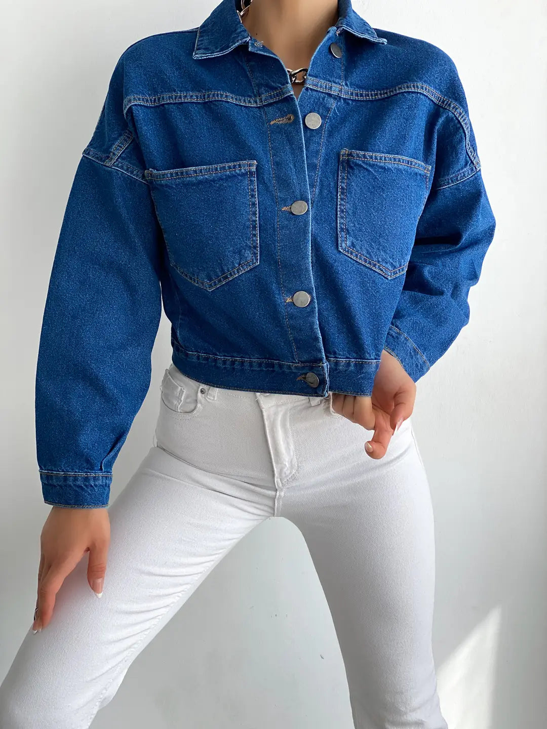 Çift Cepli Denim Crop Ceket - WEST CLUB