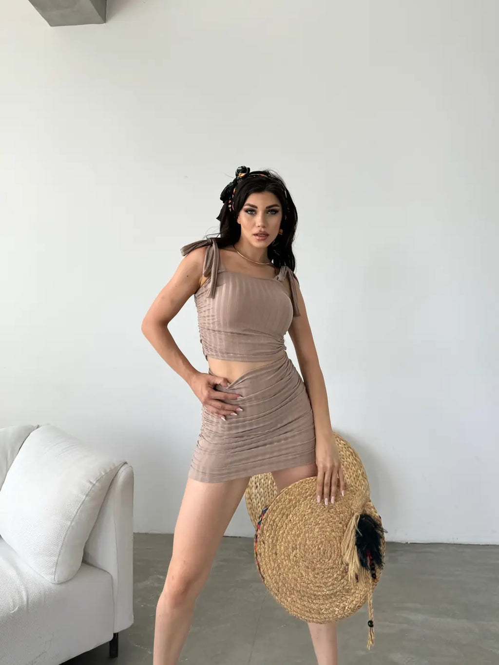 Bağcık Detaylı Crop Bluz Ve Etek İkili Takım - WEST CLUB