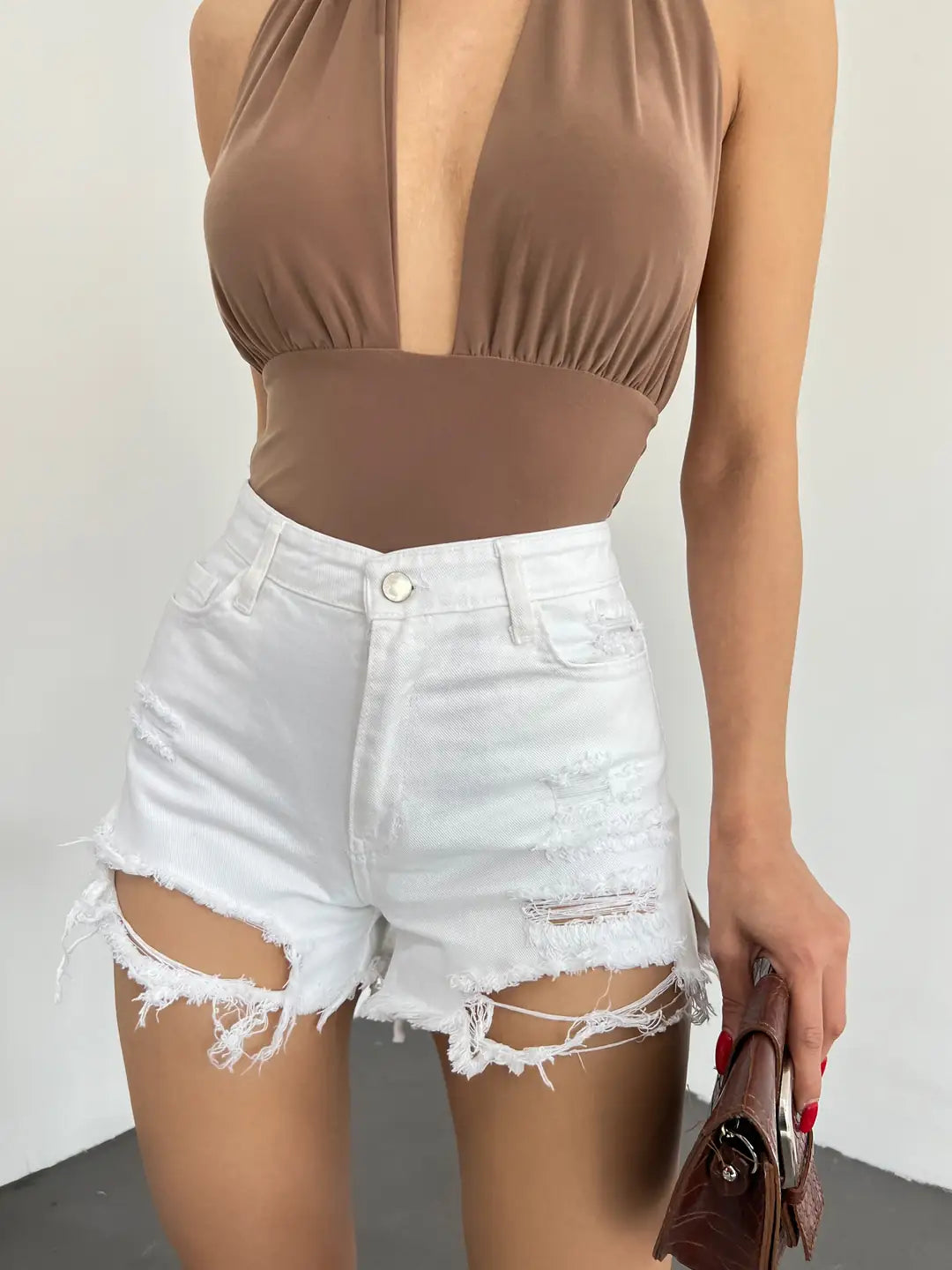 Yıkamalı Lazer Yırtıklı Mini Denim Şort - WEST CLUB