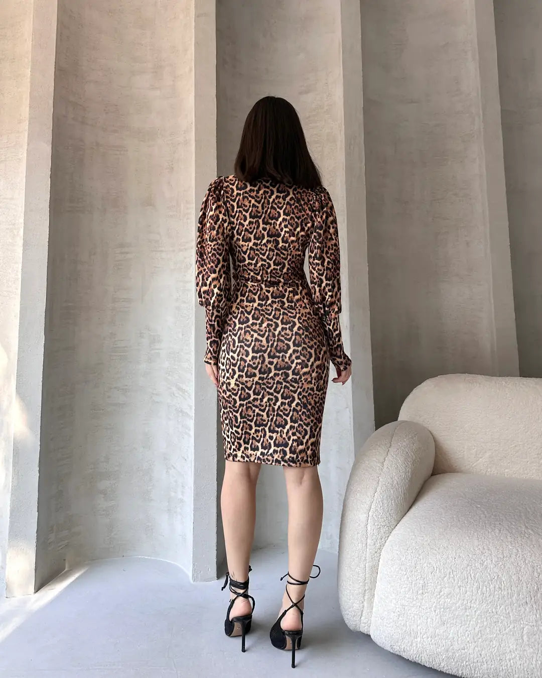 Leopar Desenli Midi Boy Elbise - WEST CLUB