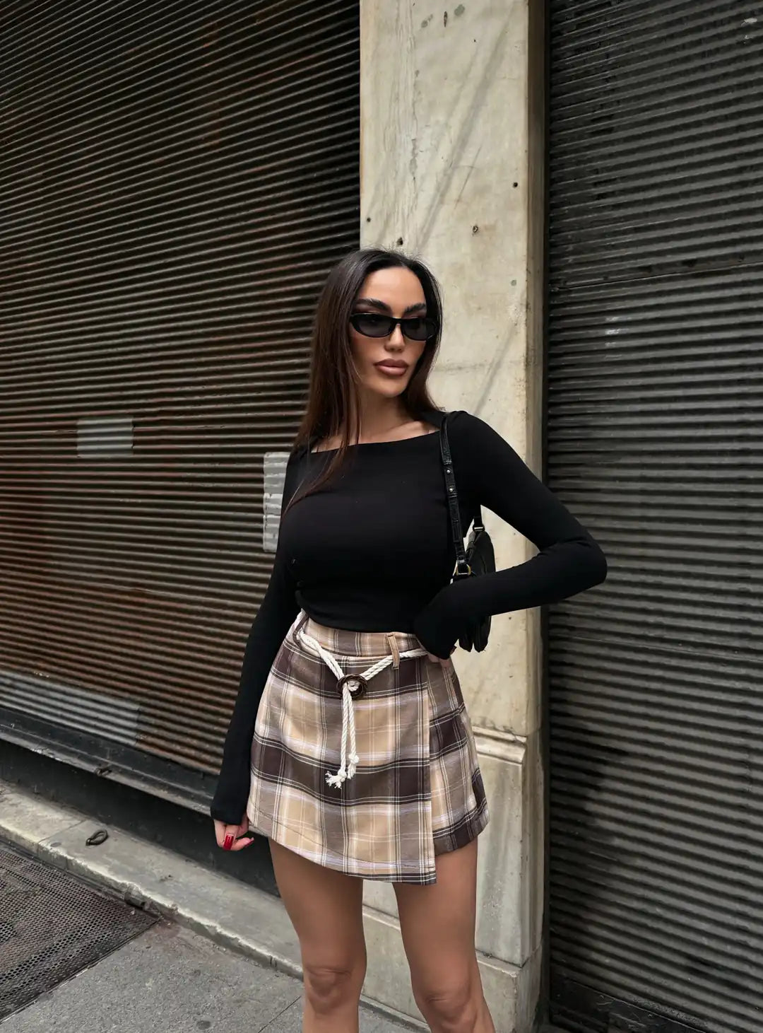 Ekose Desenli Kemer Detaylı Mini Şort Etek - WEST CLUB