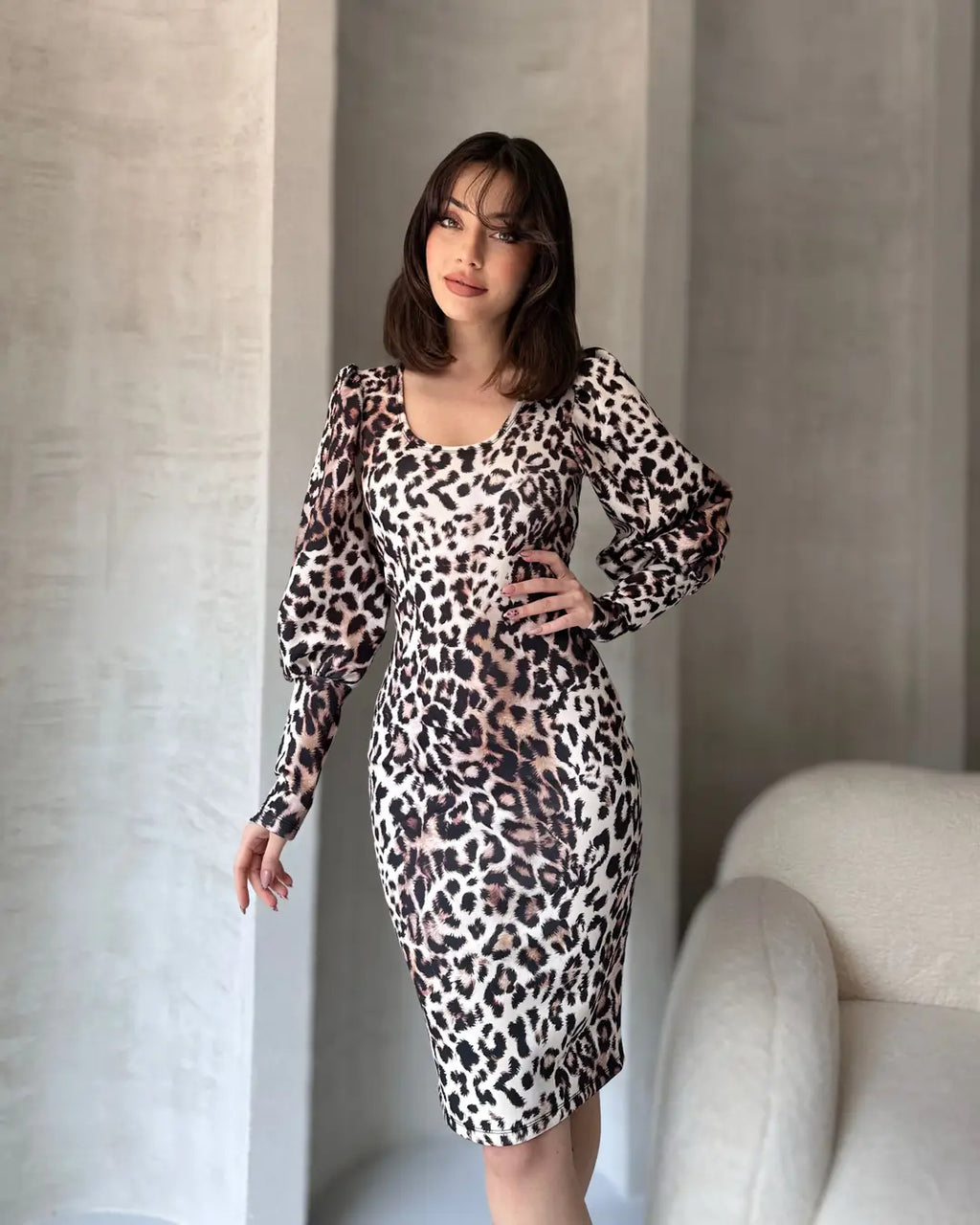 Leopar Desenli Midi Boy Elbise - WEST CLUB