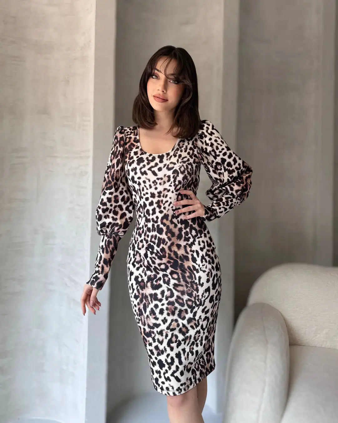 Leopar Desenli Midi Boy Elbise - WEST CLUB
