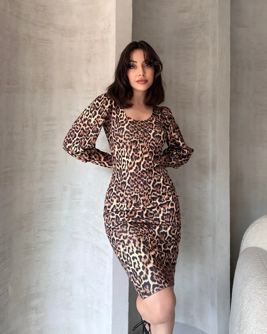 Leopar Desenli Midi Boy Elbise - WEST CLUB