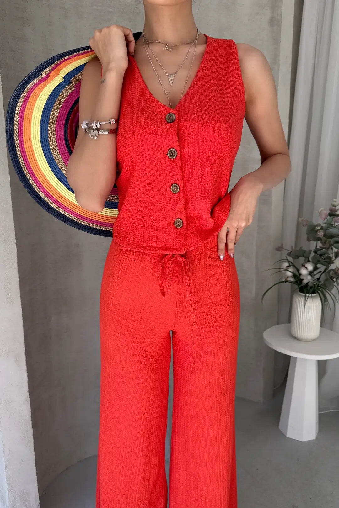 Yüksek Bel Rahat Pantolonlu Kolsuz Yelekli Takım - WEST CLUB