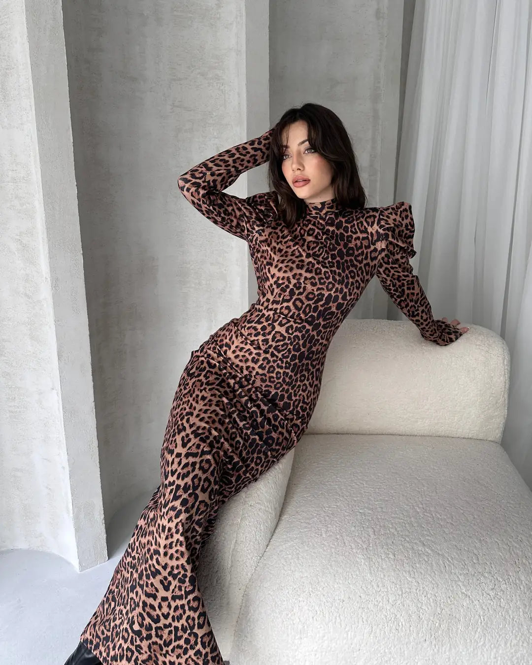 Sırt Dekolteli Leopar Desenli Elbise - WEST CLUB