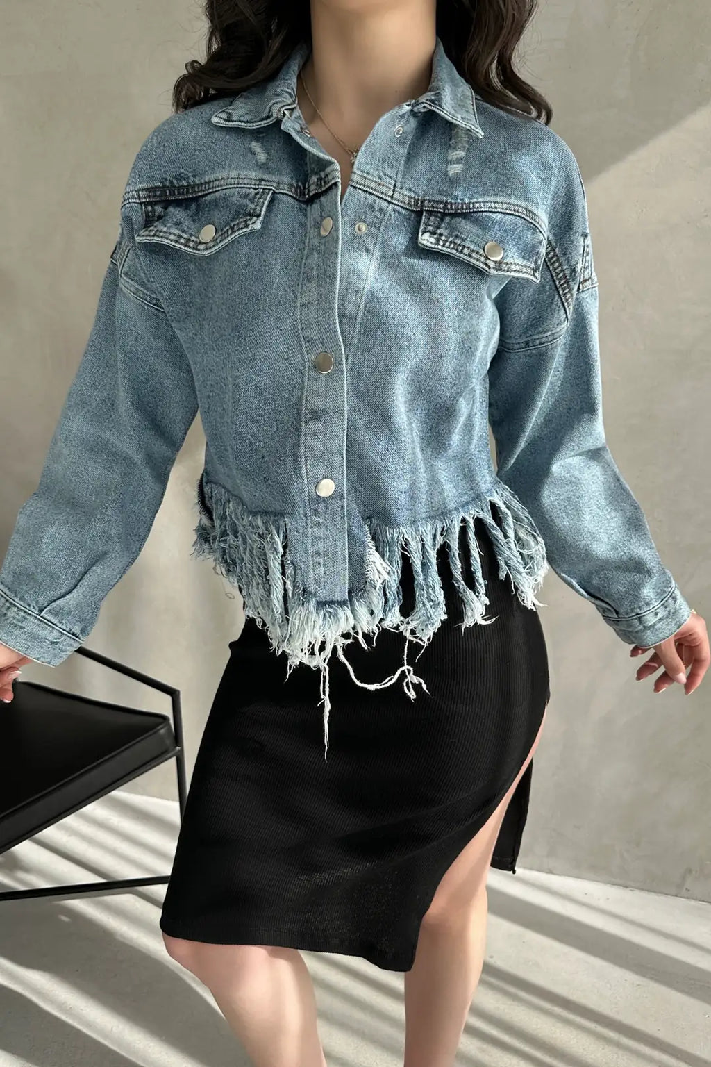 Püskül Detaylı Denim Crop Ceket - WEST CLUB