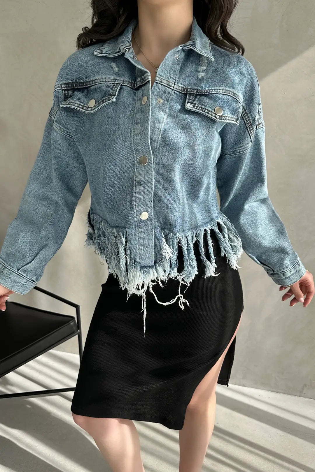 Püskül Detaylı Denim Crop Ceket - WEST CLUB