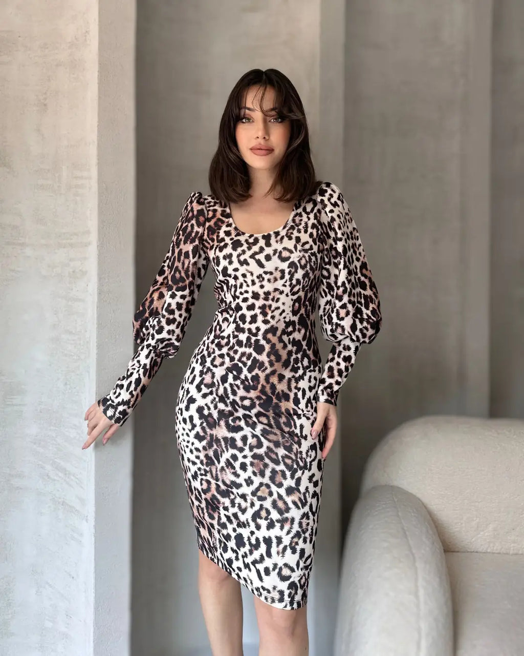Leopar Desenli Midi Boy Elbise - WEST CLUB