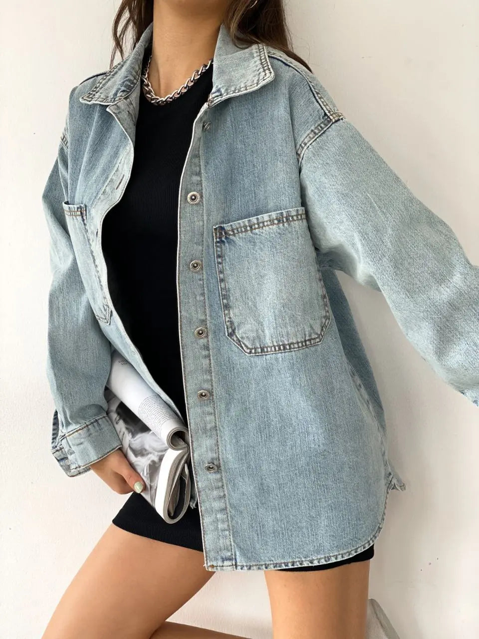 Çift Cepli Oversize Denim Gömlek Ceket - WEST CLUB