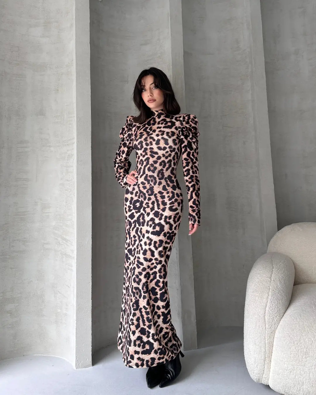 Sırt Dekolteli Leopar Desenli Elbise - WEST CLUB