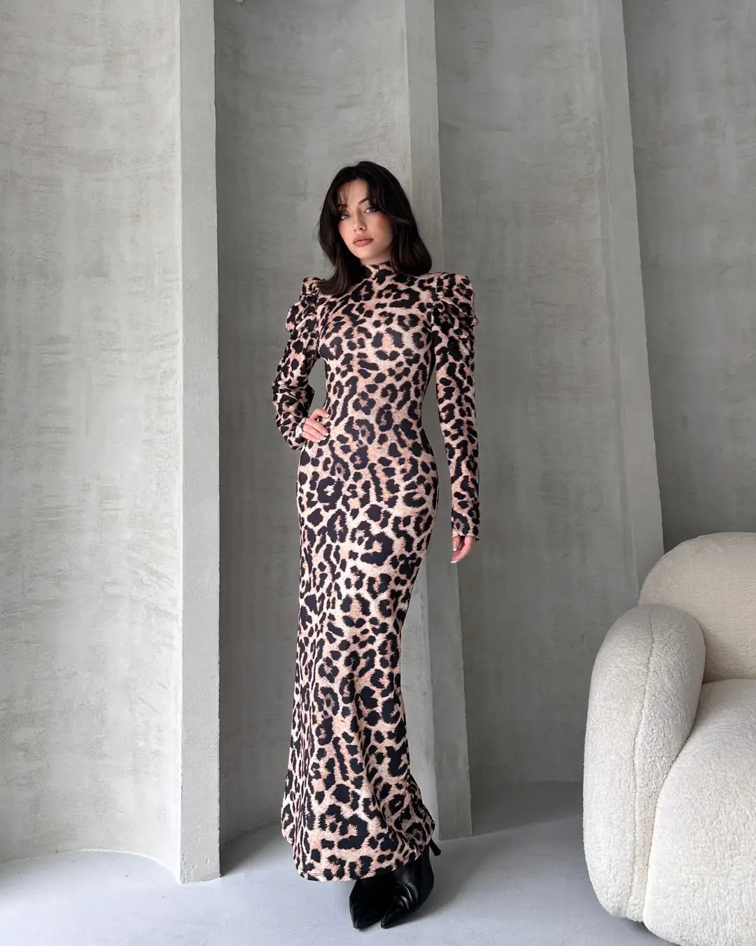 Sırt Dekolteli Leopar Desenli Elbise - WEST CLUB
