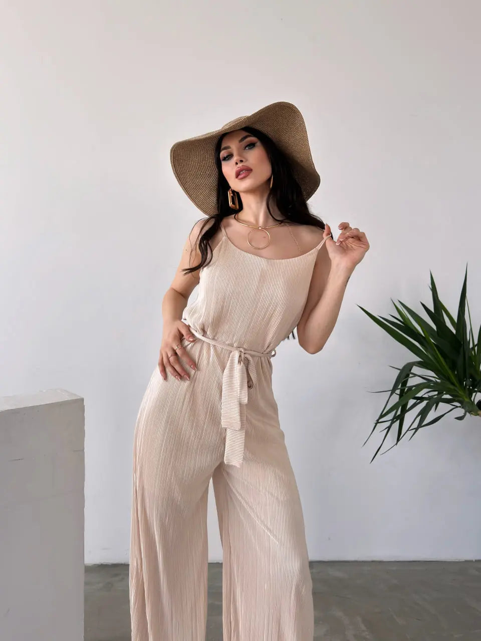 İp Askılı Kuşaklı Krinkle Tulum - WEST CLUB