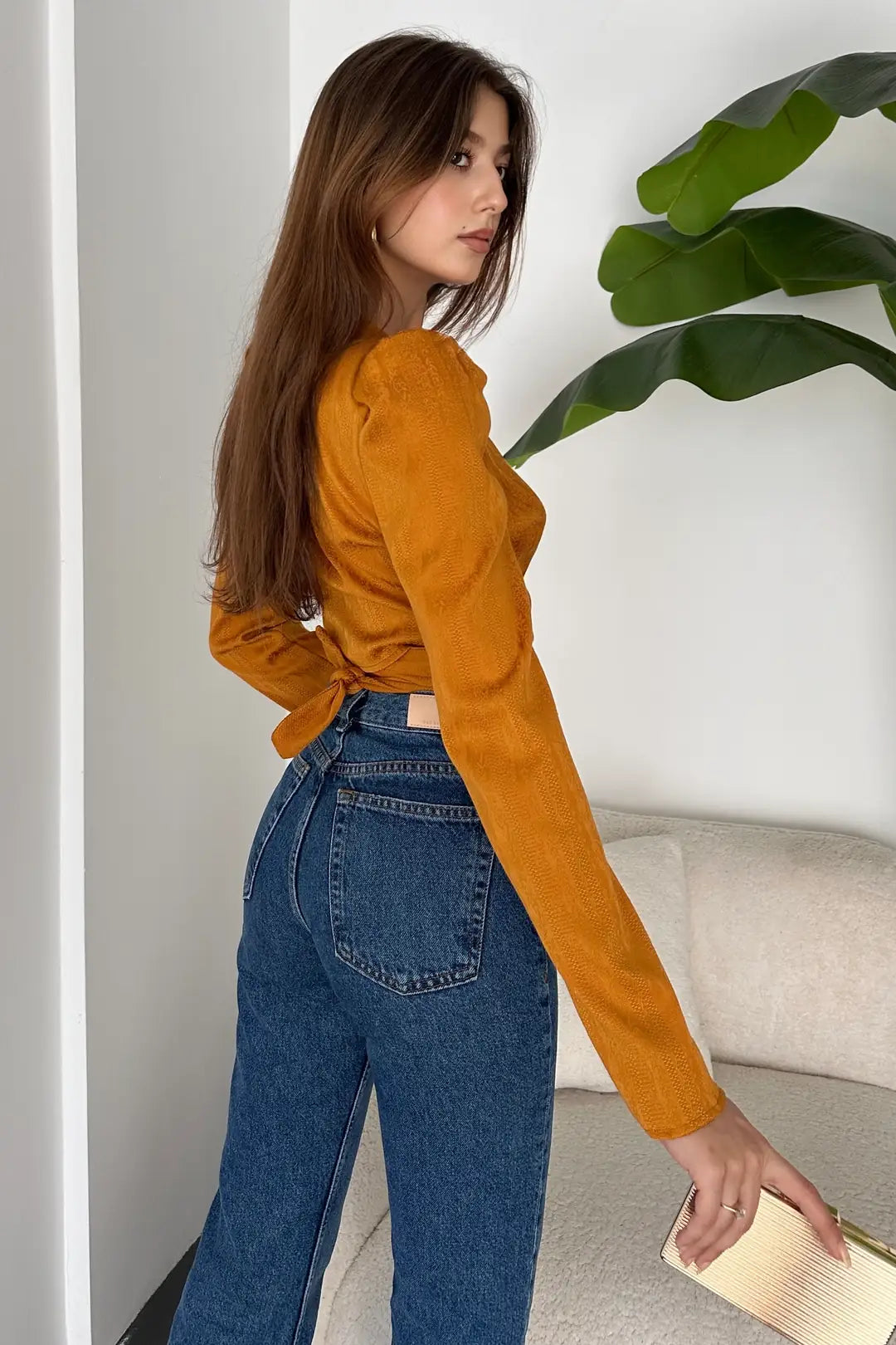 Kruvaze Yaka Beli Kuşaklı Crop Bluz - WEST CLUB