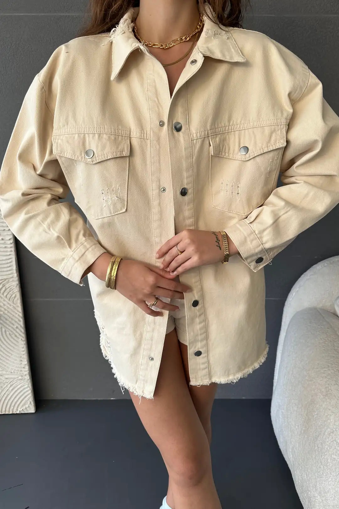 Çift Cepli Yırtık Detaylı Oversize Gömlek Ceket - WEST CLUB