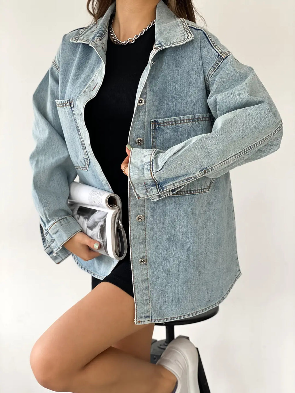 Çift Cepli Oversize Denim Gömlek Ceket - WEST CLUB