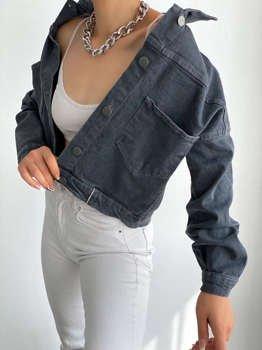 Çift Cepli Denim Crop Ceket - WEST CLUB