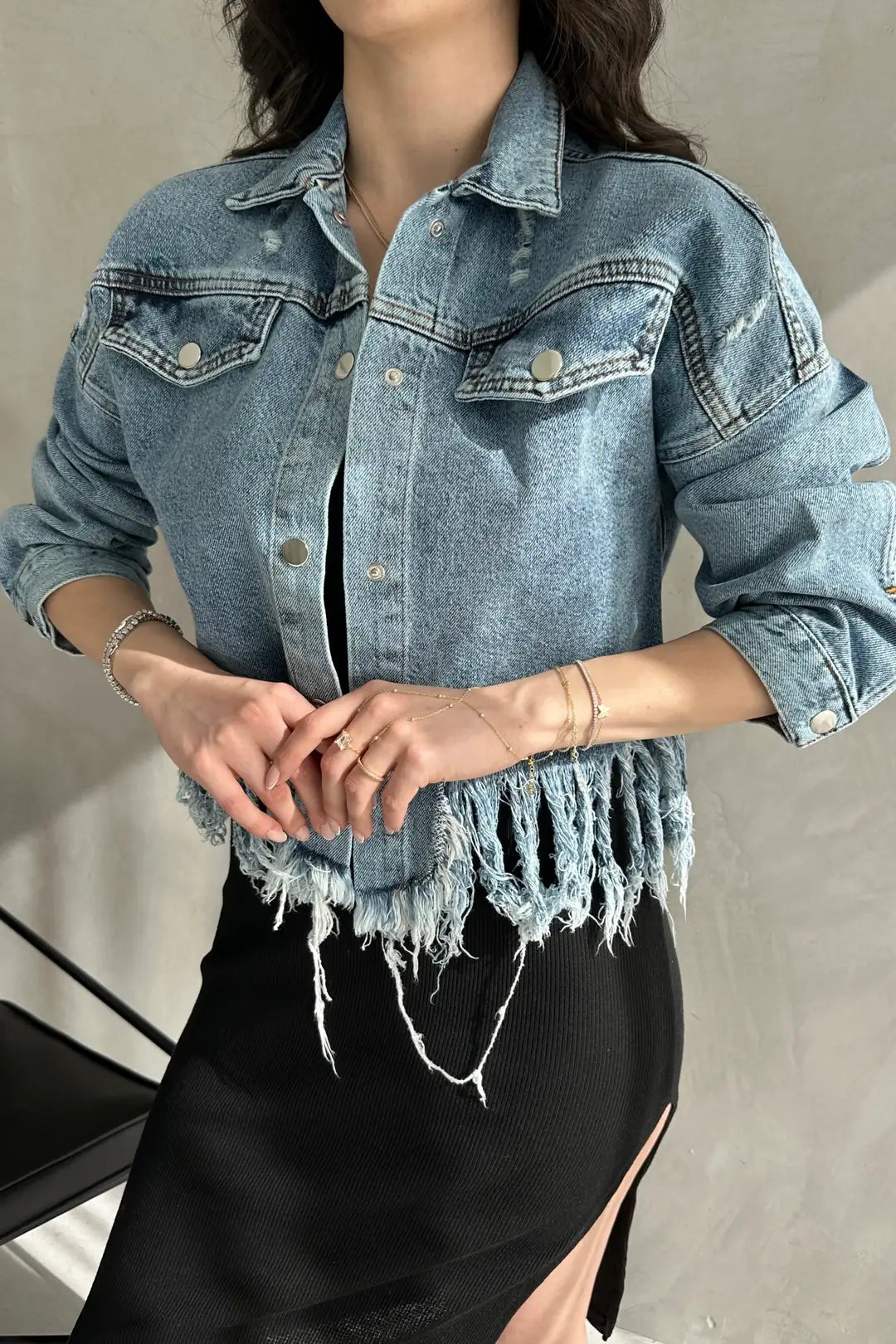 Püskül Detaylı Denim Crop Ceket - WEST CLUB