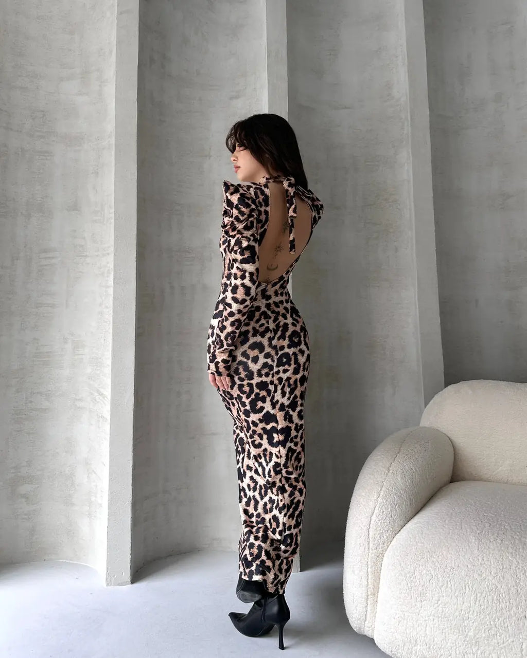 Sırt Dekolteli Leopar Desenli Elbise - WEST CLUB