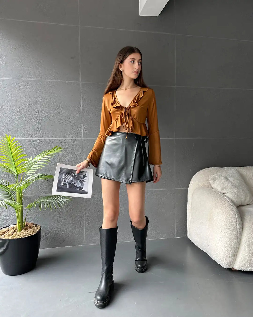 Fırfır Detaylı Önü Bağlamalı Crop Bluz - WEST CLUB