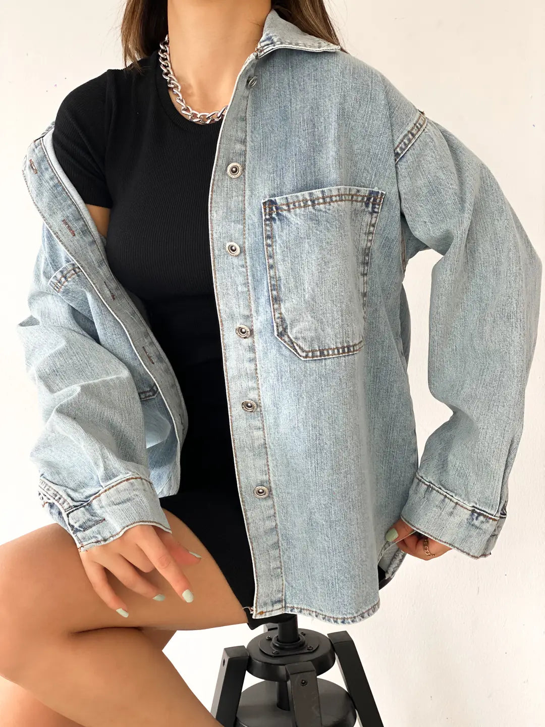 Çift Cepli Oversize Denim Gömlek Ceket - WEST CLUB