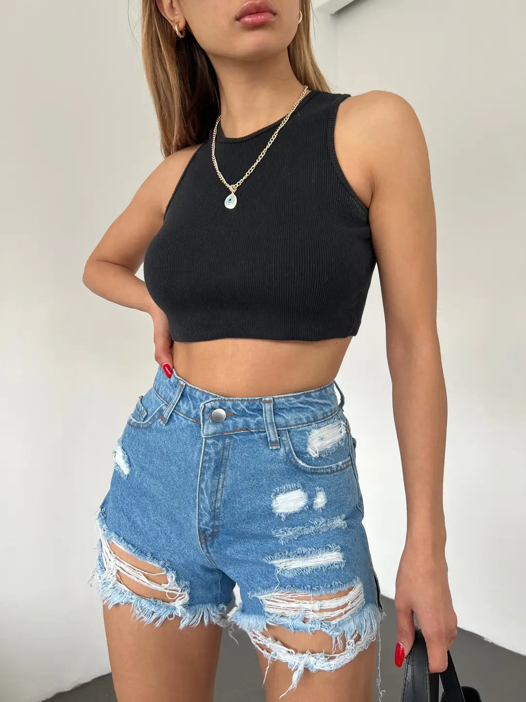 Yıkamalı Lazer Yırtıklı Mini Denim Şort - WEST CLUB