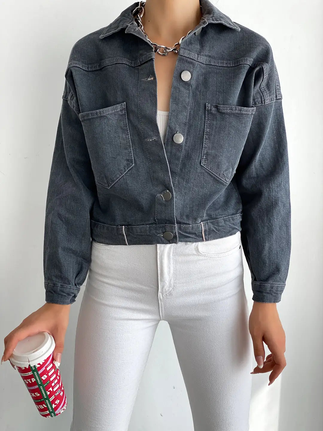 Çift Cepli Denim Crop Ceket - WEST CLUB