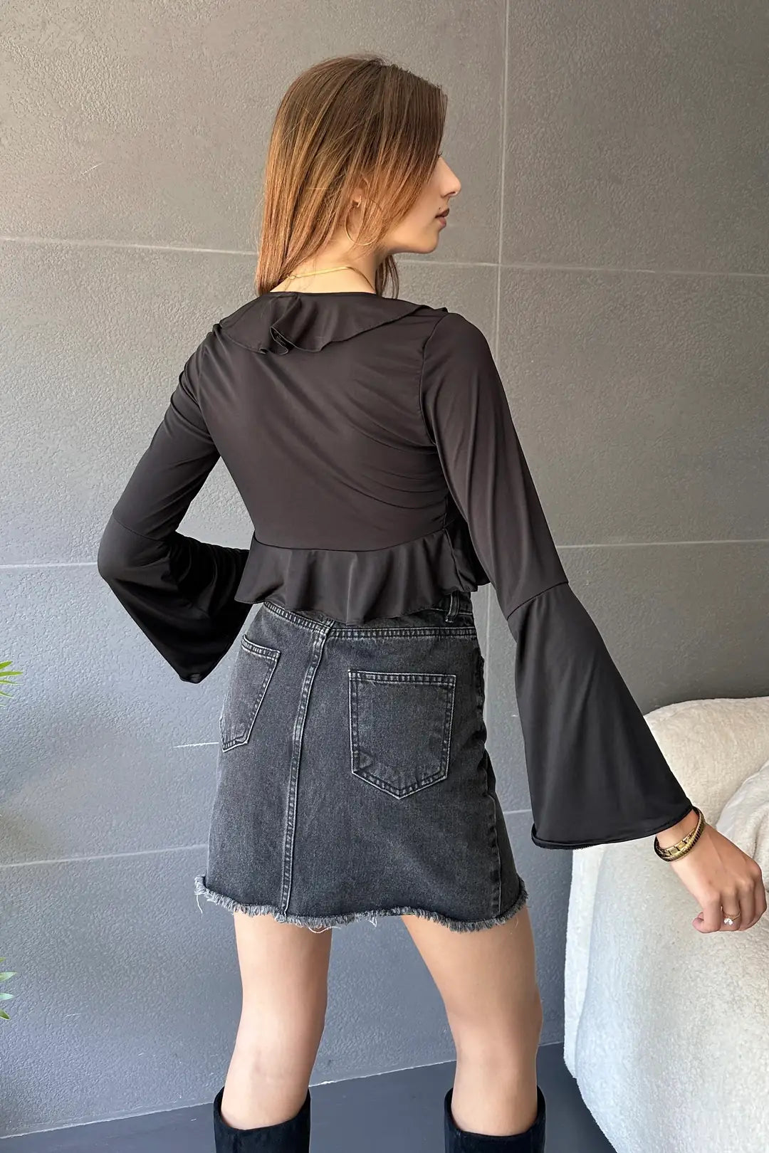 Fırfır Detaylı Önü Bağlamalı Crop Bluz - WEST CLUB