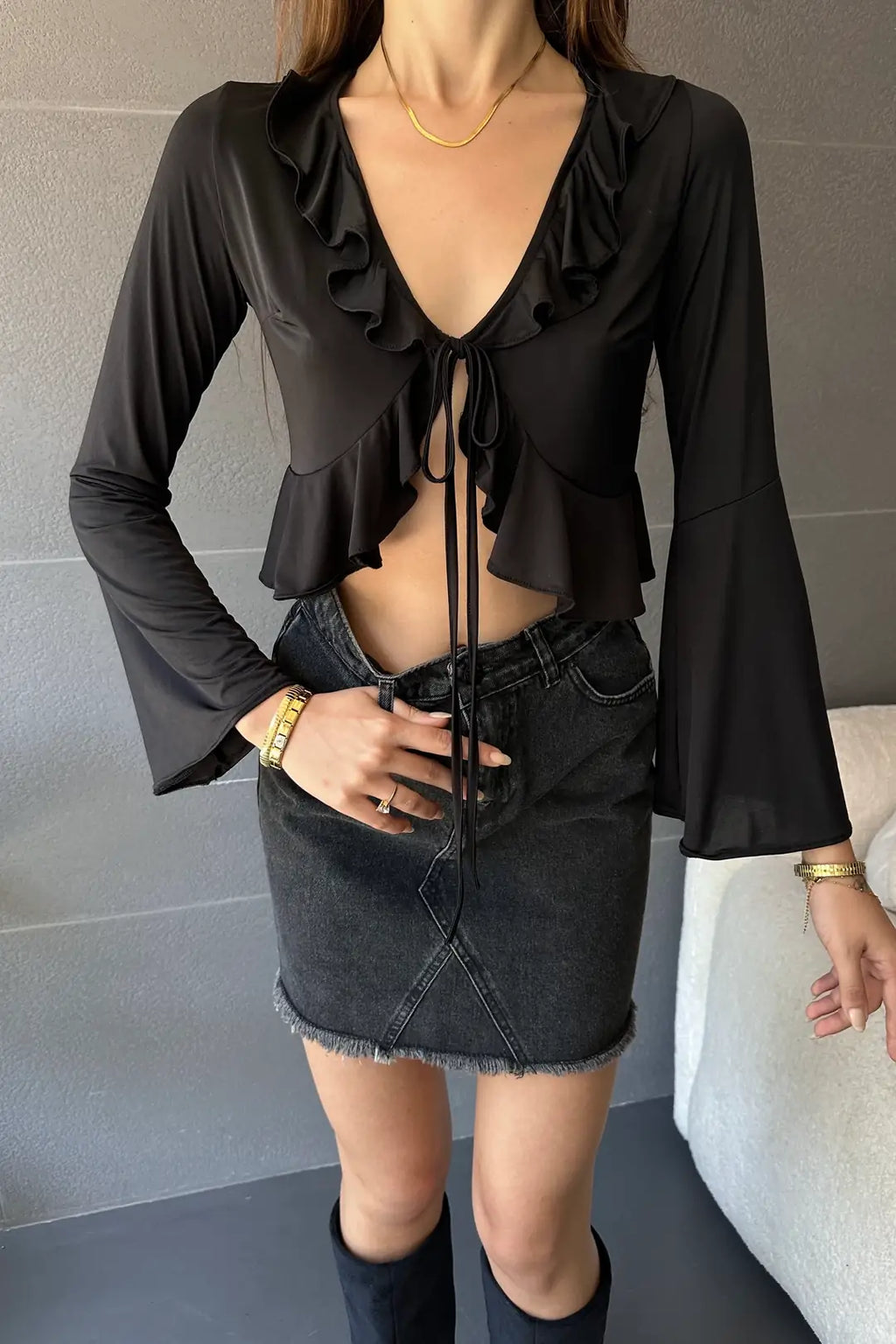 Fırfır Detaylı Önü Bağlamalı Crop Bluz - WEST CLUB