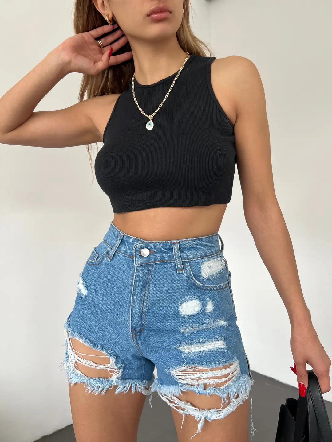 Yıkamalı Lazer Yırtıklı Mini Denim Şort - WEST CLUB