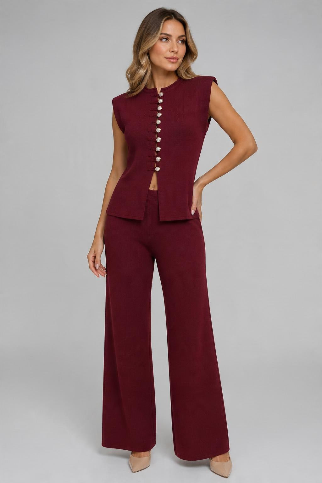 Kolsuz Triko Bluz Pantolon Takım Bordo