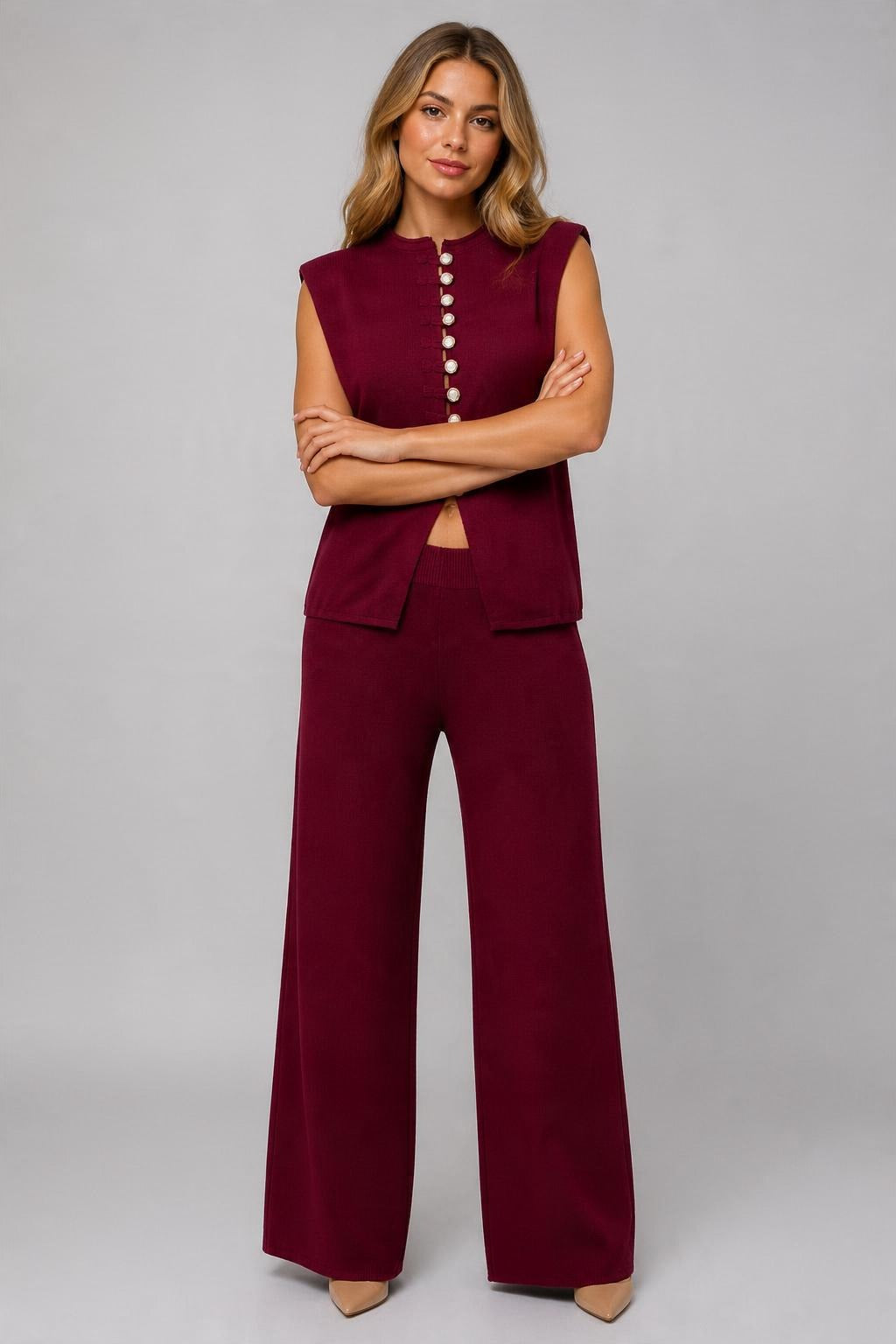 Kolsuz Triko Bluz Pantolon Takım Bordo